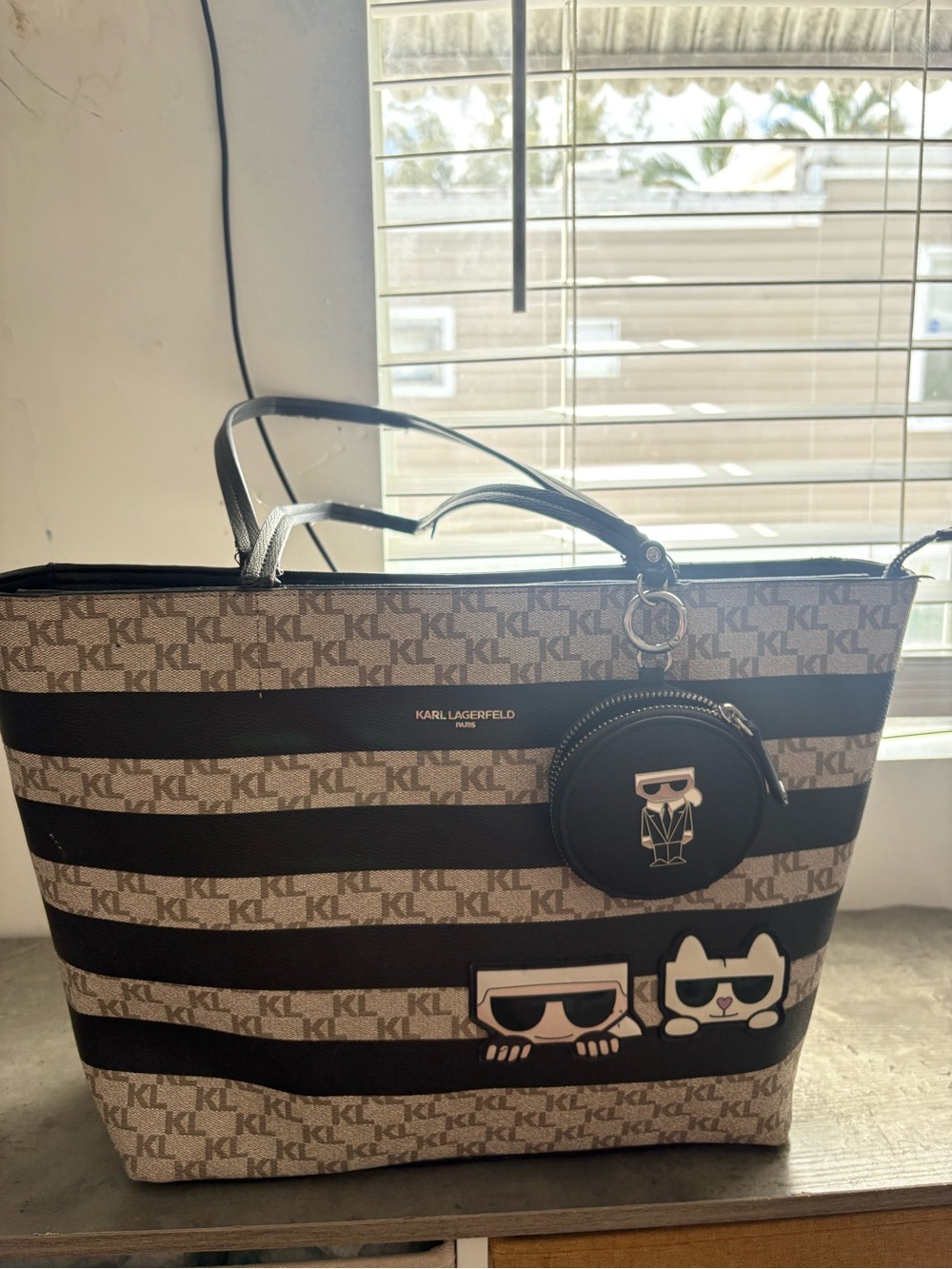 Karl Lagerfeld Black & Beige Striped KL Logo Tote with Character Charm